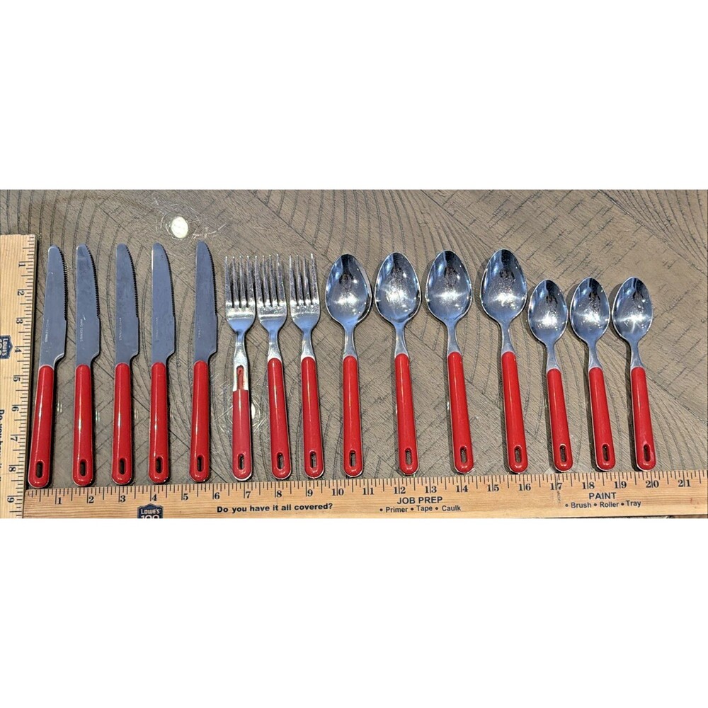 Vintage Stainless steele Flatware spoon fork knife RED HANDLES set retro